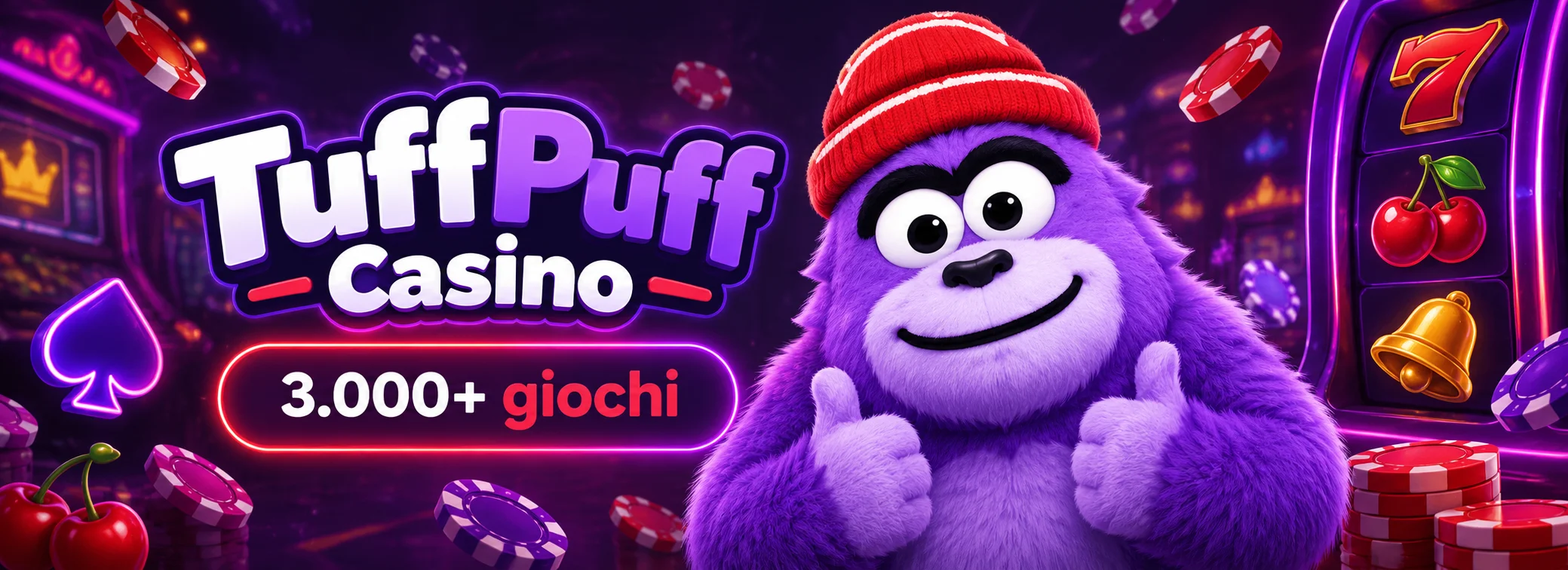 Mascotte pelosa viola con berretto rosso di TuffPuff Casino su fondo indigo